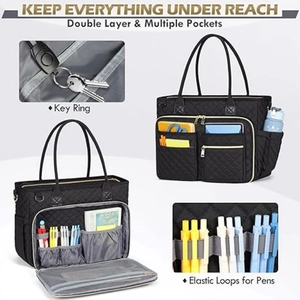 Close-up of black quilted teacher bag showing metal key ring and elastic pen loops