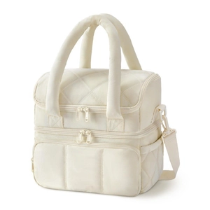 Detail of cream quilted double-layer lunch bag with dual zippers and padded handles