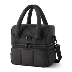 Detail view of double-layer black quilted insulated lunch bag with comfortable handle