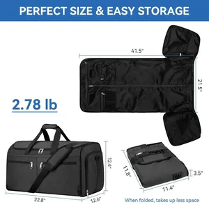 Travel garment bag with shoe compartment and detachable strap shown in various sizes