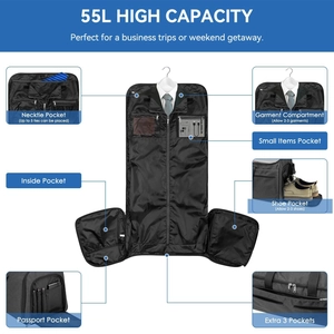 Black 55L garment bag for travel with shoe compartment and suit carrier functionality