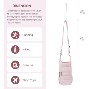 Pink quilted crossbody water bottle bag dimensions and adjustable strap detail view