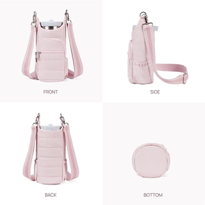 Pink quilted crossbody water bottle bag with front pocket and adjustable strap