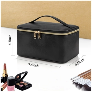Large black leather cosmetic bag with gold zippers and handle for travel organization