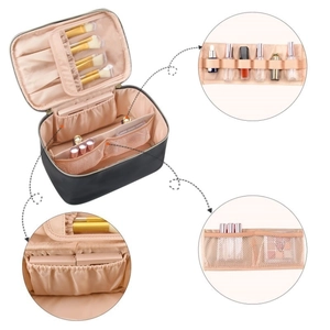 Large capacity travel makeup bag with brush slots and pink interior dividers