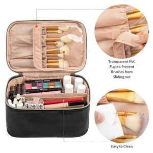 Detail of travel makeup bag with transparent PVC flap and brush slots for easy cleaning
