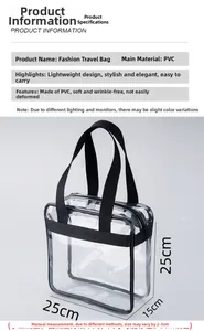 Detailed view of clear PVC travel bag with dimensions 25x25x15cm and black strap handles