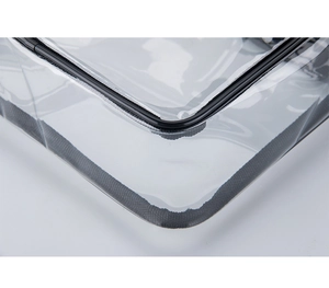 Macro detail of high-definition transparent PVC storage bag with reinforced black nylon edges