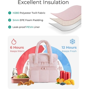 Pink double layer quilted puffer lunch bag with insulated lining and shoulder strap