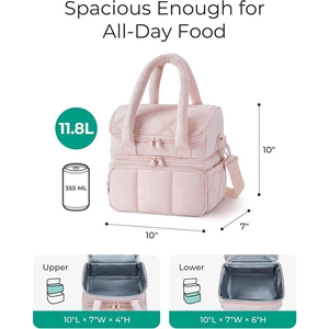 Pink quilted double layer insulated lunch bag with 11.8L capacity and shoulder strap
