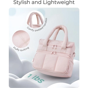 Stylish pink quilted insulated lunch bag with double-layer storage and comfy handles