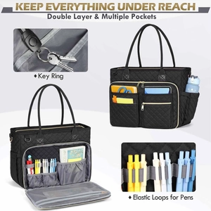 Quilted teacher tote bag with laptop sleeve and multi-pocket organization for professionals