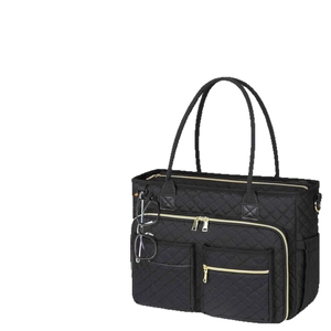Quilted teacher tote bag with laptop sleeve and gold zippers on white background