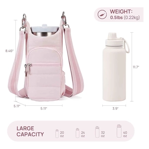 Pink crossbody water bottle carrier with adjustable strap and front zipper pocket for hiking
