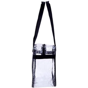 Large clear PVC tote bag with black shoulder strap for travel and lunch storage