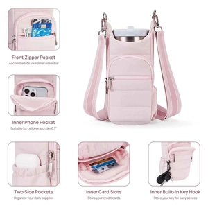 Pink crossbody water bottle bag with phone pocket and adjustable strap on white background