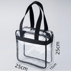 Large transparent PVC travel tote bag with black handles, size 25x25x15cm, with zipper