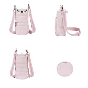 Pink quilted crossbody water bottle carrier bag with adjustable strap and phone pocket