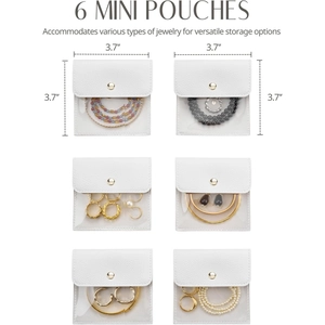 Set of 6 white pebble leather jewelry pouches with transparent PVC window and gold snap button