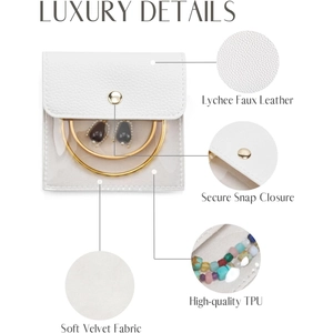 Luxury lychee leather jewelry pouch set with clear TPU window and gold snap closure