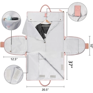 Light gray foldable garment bag with pink trim for suits and travel storage