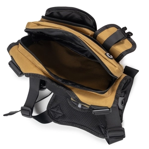 Tactical chest bag detail with multi-compartments and breathable black mesh backing