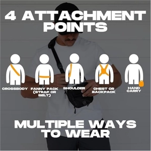 Versatile black tactical gym bag showing 5 carrying modes with 4 attachment points