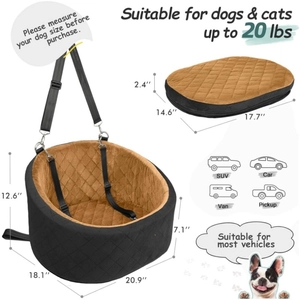 Portable black quilted pet car seat with warm camel fleece for small dogs and cats