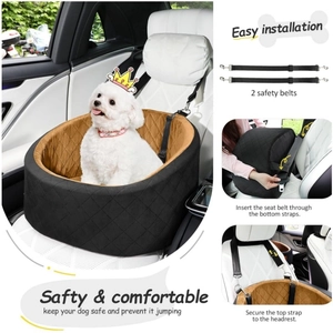 Detail of dog car seat featuring safety belts and easy installation steps on rear seat