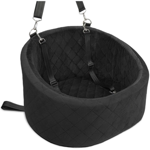 Close-up of black quilted suede car pet seat with adjustable safety straps and metal hook