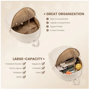 Detailed internal compartments of the quilted pickleball bag showing laptop and gear storage