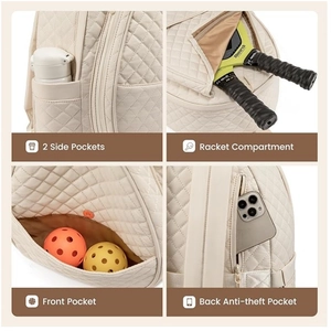 Detailed four-grid view showing quilted tennis backpack with dedicated racket pocket and side pockets