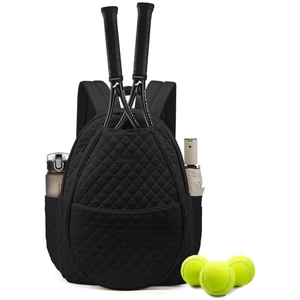 Quilted black tennis backpack with racket compartment for two paddles and side pockets