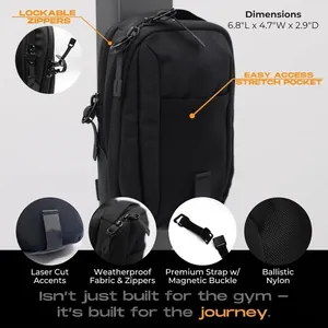 Waterproof ballistic nylon gym crossbag with magnetic buckle and functional detail views
