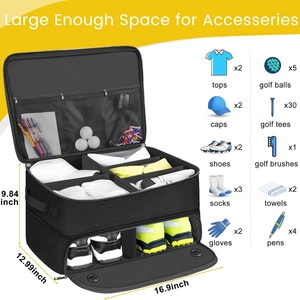 Detailed internal storage compartments of the golf shoe bag showing mesh pockets and dividers