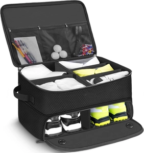 Golf trunk organizer with ventilated shoe compartment and mesh storage pockets