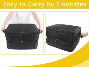 Detail of golf shoe bag with dual zippers and reinforced mesh side handle for easy carrying