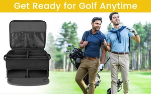 Macro view of multi-compartment golf shoe bag interior with mesh pockets and dividers