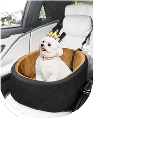 Portable black quilted pet car seat for small dogs with adjustable safety straps and lining