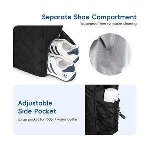 Quilted black tennis bag featuring a separate shoe compartment and large water bottle pocket