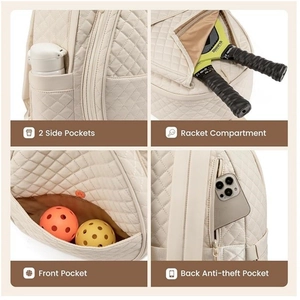 Off-white quilted tennis backpack with racquet compartment and functional storage pockets