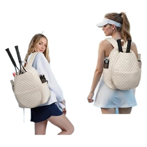 Cream quilted tennis backpack for women with racquet slot and side water bottle pocket