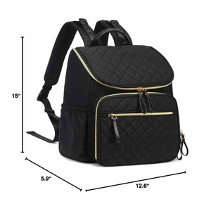 Sac à dos à langer noir matelassé imperméable avec poches latérales, 15 x 12.6 x 5.9 pouces