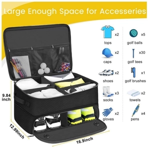 Black high-capacity golf shoe bag with separate compartments for shoes and clothes