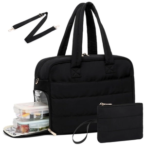 Dettaglio della borsa pranzo 2-in-1 trapuntata nera con isolamento e tracolla rimovibile