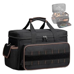 Heavy duty black tool bag with brown trim and multiple pockets for tool organization