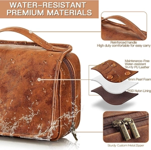Detail of waterproof brown PU leather bag with 3-layer material and metal zipper