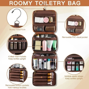 Detail of hanging toiletry bag with metal hook, mesh pockets and waterproof compartments