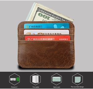 Detail of slim crazy horse leather card holder with RFID protection and cash slot