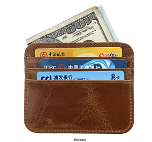 Rear view of slim crazy horse leather card holder with four card slots and cash pocket